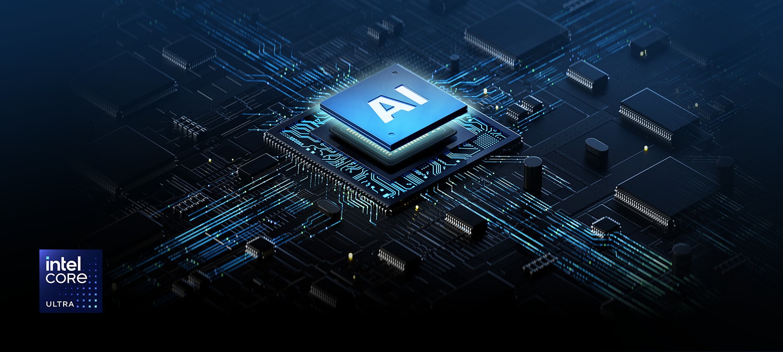 Close-up of an Intel Core Ultra processor with an AI symbol on the chip, surrounded by glowing circuitry, featuring the Intel Core Ultra logo in the corner.