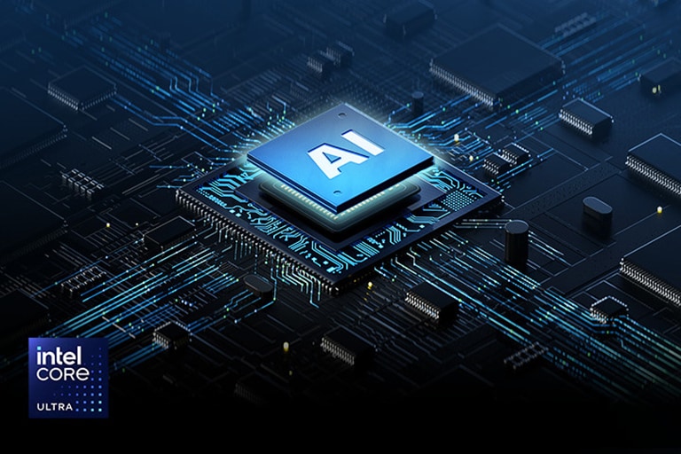 Close-up of an Intel Core Ultra processor with an AI symbol on the chip, surrounded by glowing circuitry, featuring the Intel Core Ultra logo in the corner.