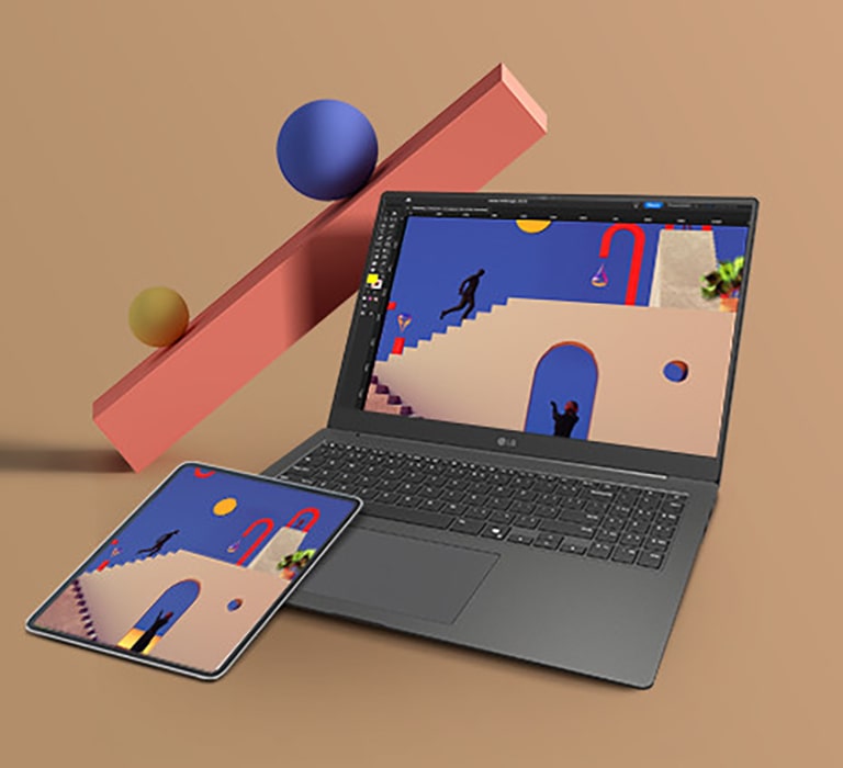 A laptop and a tablet are displayed side by side, both showing the same colorful and artistic design on their screens. The background features geometric shapes, emphasizing creative work and seamless device synchronization.