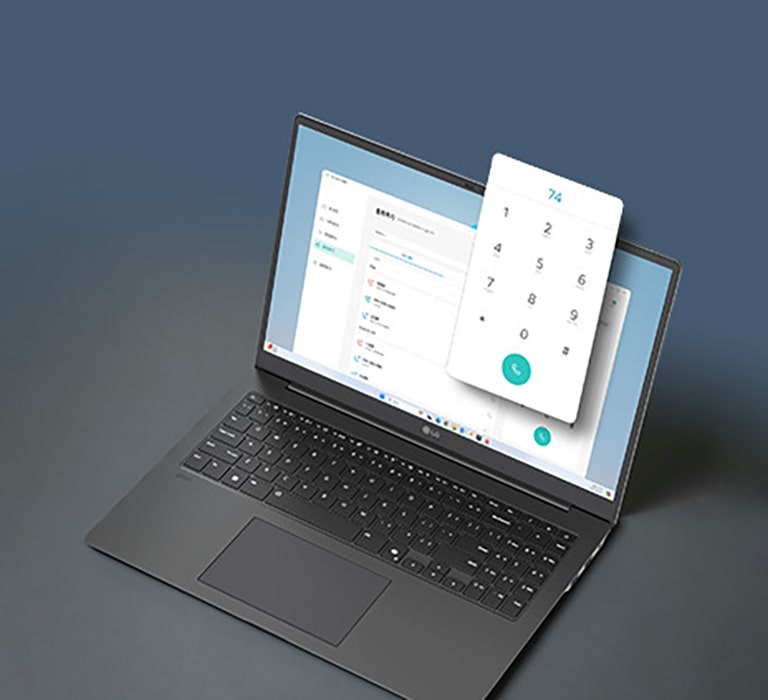A laptop displaying a communication interface with a floating dial pad, emphasizing its capability to make calls directly from the device. This setup highlights enhanced connectivity and productivity features.	