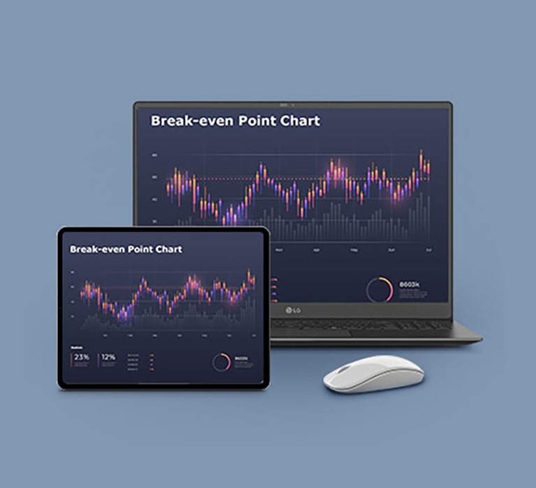 A gray laptop and a tablet side by side, both showing a "Break-even Point Chart" with a line graph in vibrant colors against a dark background. A wireless mouse is placed next to the laptop.	