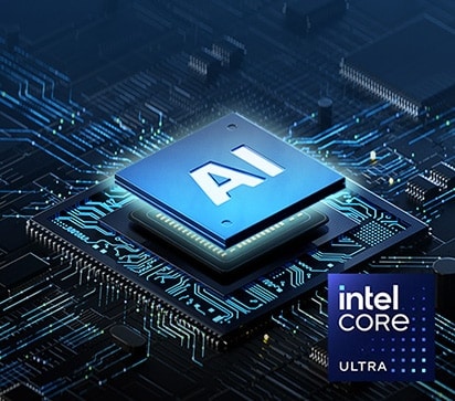 The image displays a close-up of a computer chip with "AI" highlighted at the center, surrounded by a glowing circuit board. The text at the top reads: "AI-optimized processor," and the bottom right features the Intel Core Ultra logo, emphasizing advanced AI processing capabilities.	
