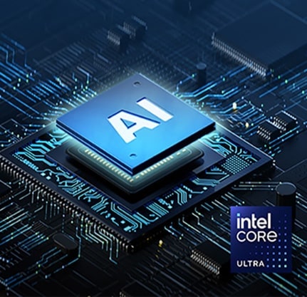 The image displays a close-up of a computer chip with "AI" highlighted at the center, surrounded by a glowing circuit board. The text at the top reads: "AI-optimized processor," and the bottom right features the Intel Core Ultra logo, emphasizing advanced AI processing capabilities.	