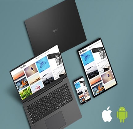 The image shows an LG Gram laptop, a tablet, and a smartphone displaying synchronized content. The text reads: "LG gram Link - Get all connected," with Apple and Android logos in the bottom right, emphasizing cross-device compatibility.	