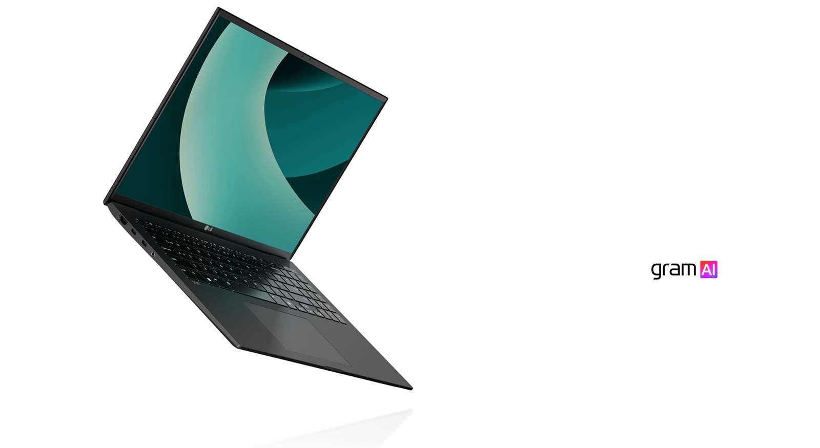 The image shows an LG Gram laptop, highlighted for its ultra-light design. On the right, the text reads: "Delightfully light" with the "gram AI" logo below it.	