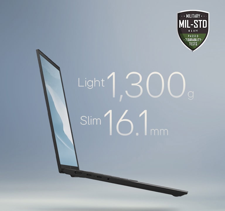The image showcases a slim laptop with the text: "Light, thin, all-powerful" at the top. Key specifications, "Light 1,239 g" and "Slim 15.7 mm," are highlighted in the center. A MIL-STD durability badge is displayed in the upper-right corner, emphasizing its robustness.	