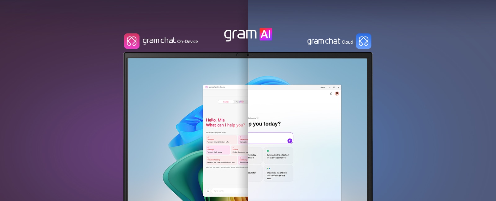 A split-screen image showcasing 'gram AI' with two distinct modes: 'gram chat On-Device' on the left, represented by a pink icon, and 'gram chat Cloud' on the right, represented by a blue icon. The screen displays an AI interface, symbolizing seamless AI functionality across both modes.	