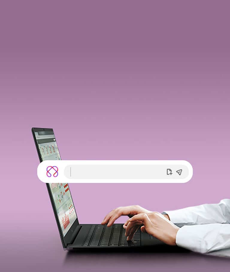 A side view of a laptop with a person typing, showcasing a search bar with an AI-inspired icon and additional functional icons. The laptop screen displays data charts, emphasizing productivity and AI-driven tools.	