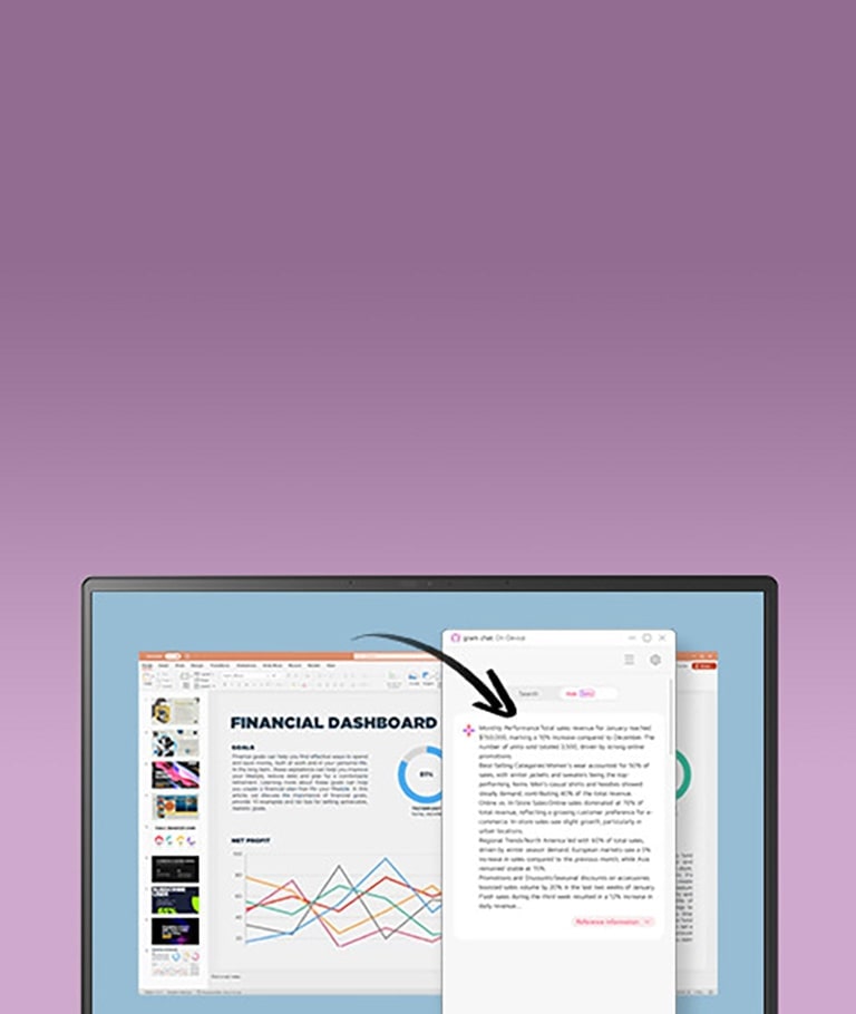 A laptop screen displaying a financial dashboard presentation alongside a pop-up window with AI-generated text summarizing the presentation. An arrow connects the two, emphasizing the AI's ability to create concise summaries.	