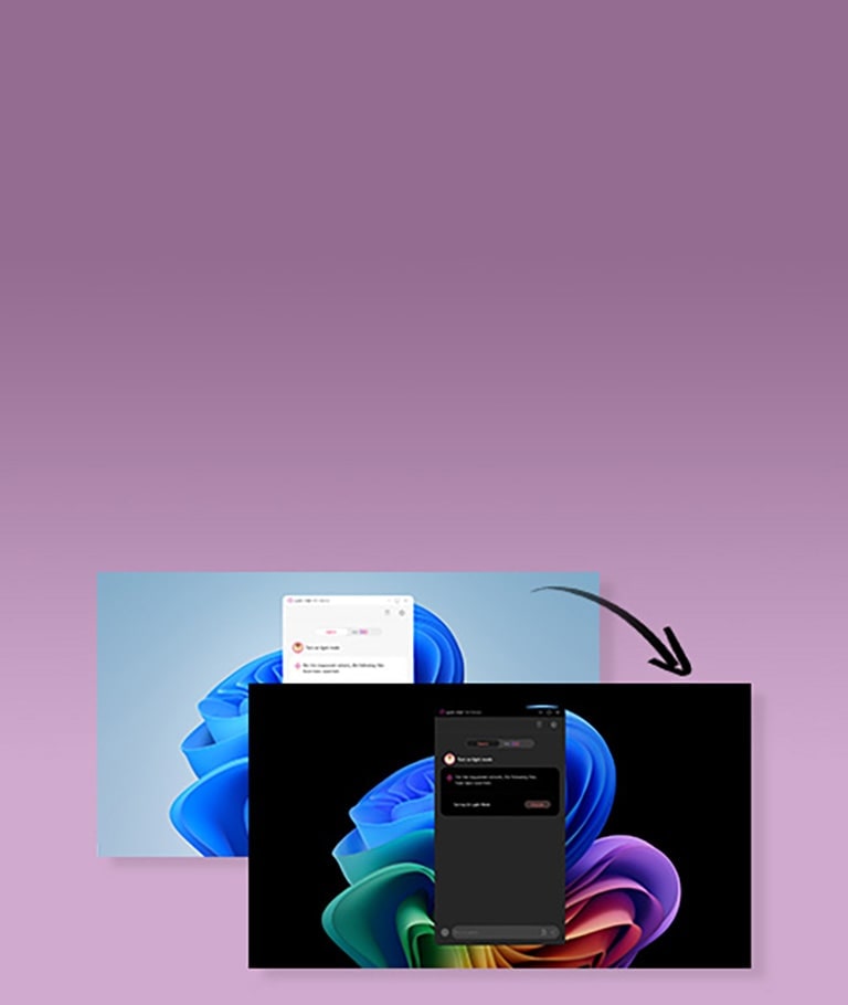 A laptop screen displaying two interfaces: one with an AI chat window on a light background and the other transitioning to a dark mode version. An arrow highlights the switch, emphasizing seamless mode adaptation.	