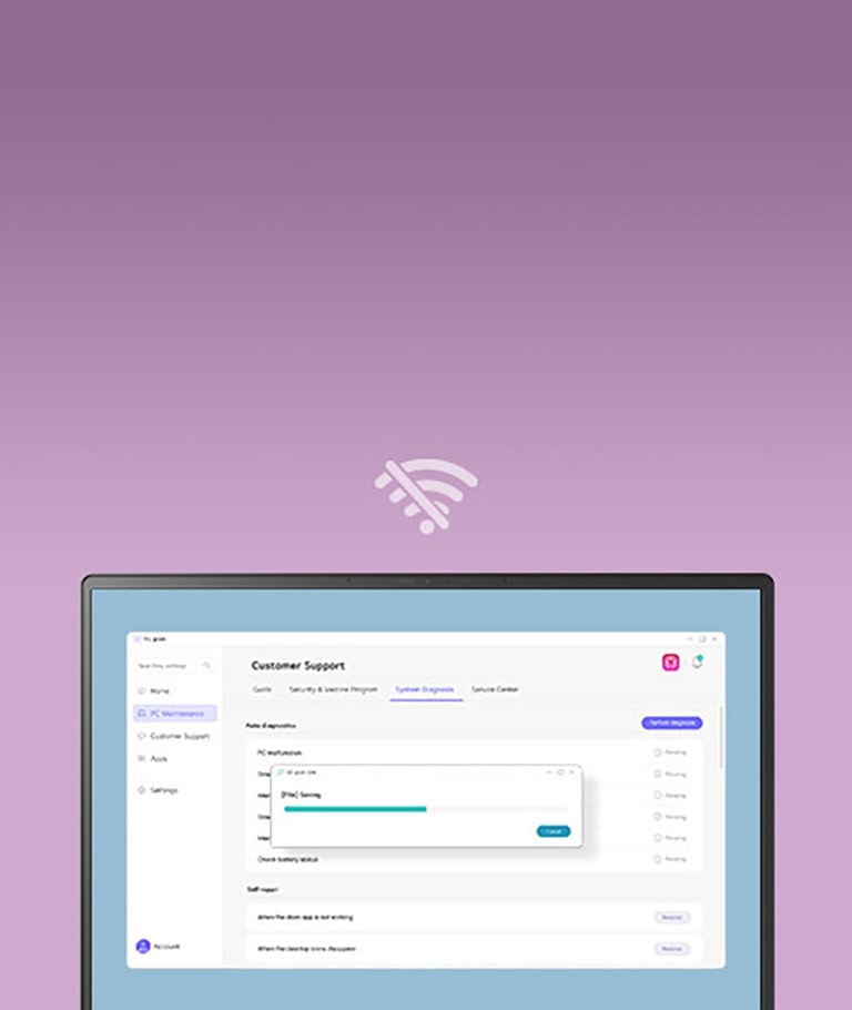 A laptop screen displaying a customer support interface with a system diagnosis progress bar, indicating offline functionality. A no-wifi icon at the top highlights operation without an internet connection.	