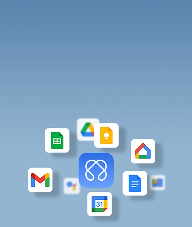 An illustration featuring various productivity app icons, such as Google Drive, Gmail, Google Sheets, and Google Calendar, surrounding a central gram AI Cloud logo. The image represents seamless integration of gram AI Cloud with popular productivity tools.	