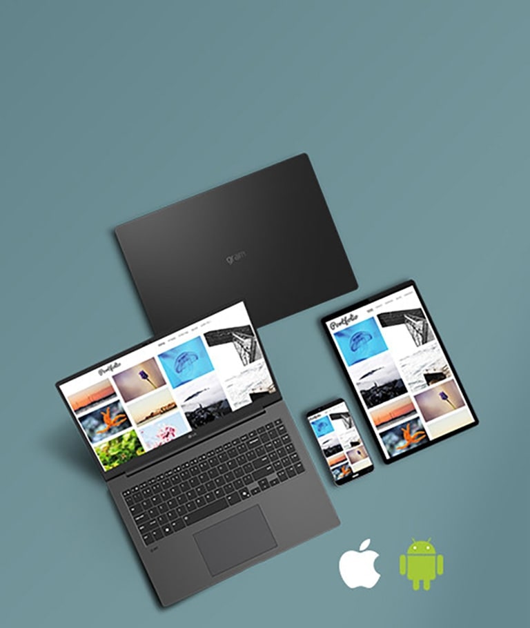 A laptop, tablet, and smartphone are displayed together, all showcasing synchronized content on their screens. The 'gram Link' feature is highlighted, with Apple and Android logos in the bottom right corner, emphasizing cross-device connectivity.	