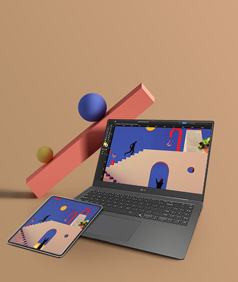 A laptop and a tablet are displayed side by side, both showing the same colorful and artistic design on their screens. The background features geometric shapes, emphasizing creative work and seamless device synchronization.	