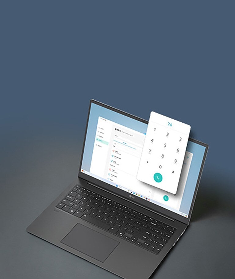 A laptop displaying a communication interface with a floating dial pad, emphasizing its capability to make calls directly from the device. This setup highlights enhanced connectivity and productivity features.	