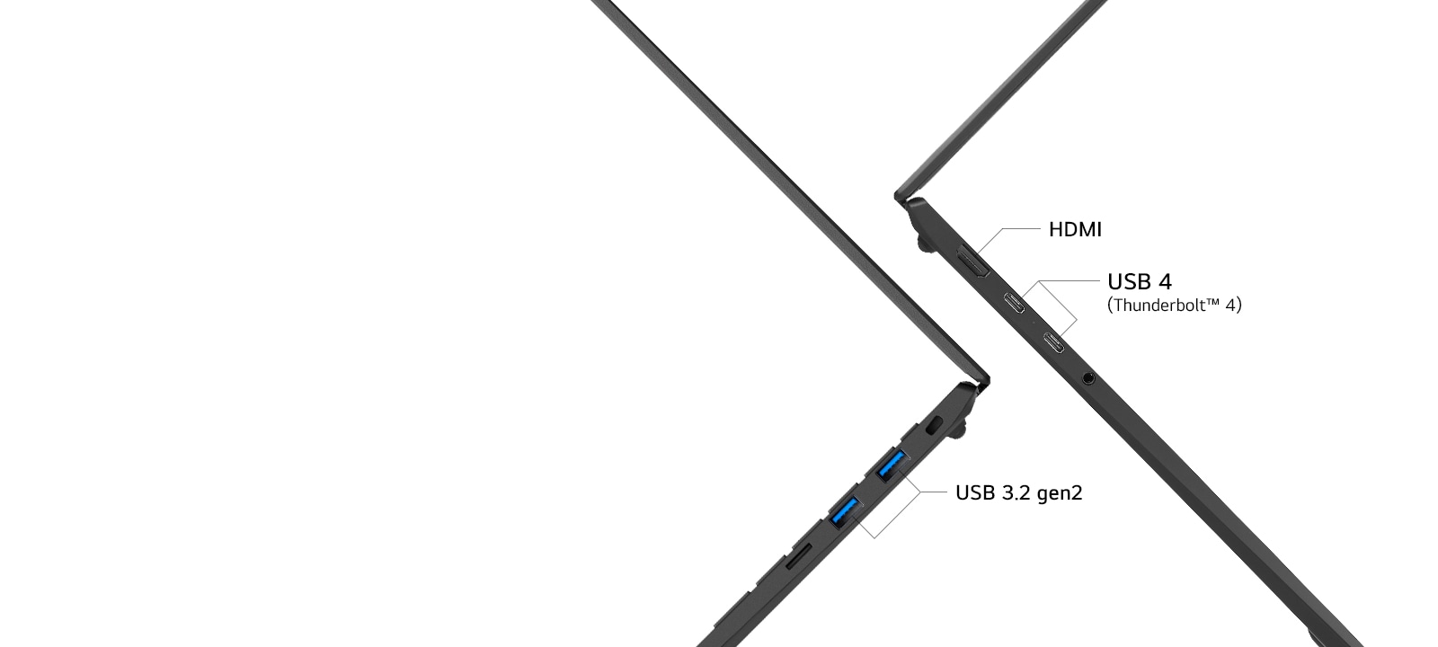 The image highlights the side ports of a laptop, including HDMI, USB 4 (Thunderbolt™ 4), USB 3.2 gen2. It showcases the laptop's versatile connectivity options.	