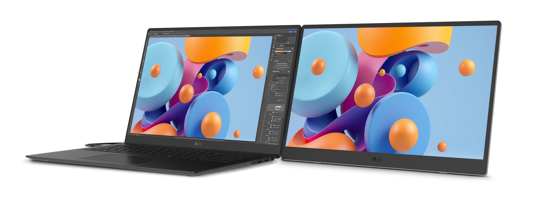 The image shows LG gram +view and LG gram connected. Photoshop work is being done on LG gram, and the same screen is visible on LG gram +view. By using LG gram +view, work can be done more efficiently, making collaboration easier.