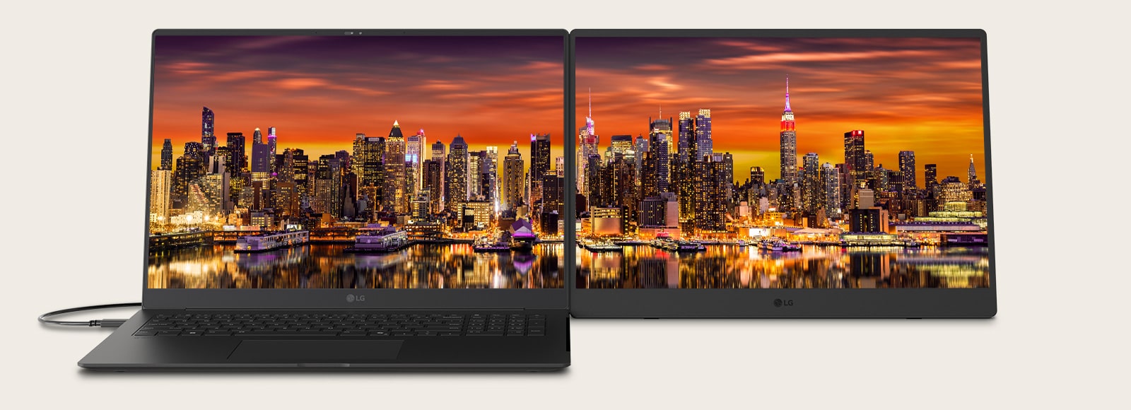 LG gram +view and LG gram Pro are connected and working in a 32:10 aspect ratio, each having a 16:10 ratio.	