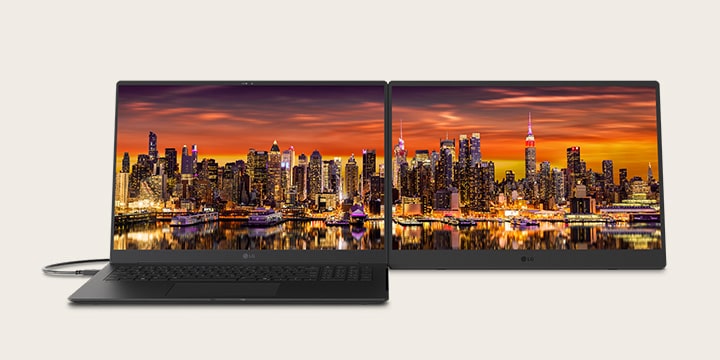 LG gram +view and LG gram Pro are connected and working in a 32:10 aspect ratio, each having a 16:10 ratio.	