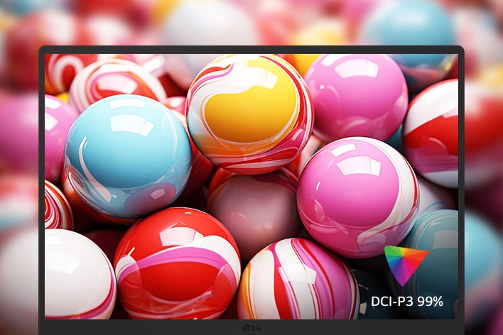 The screen displays an image with vivid details and rich colors, with a DCI-P3 99% logo in the bottom right corner.	