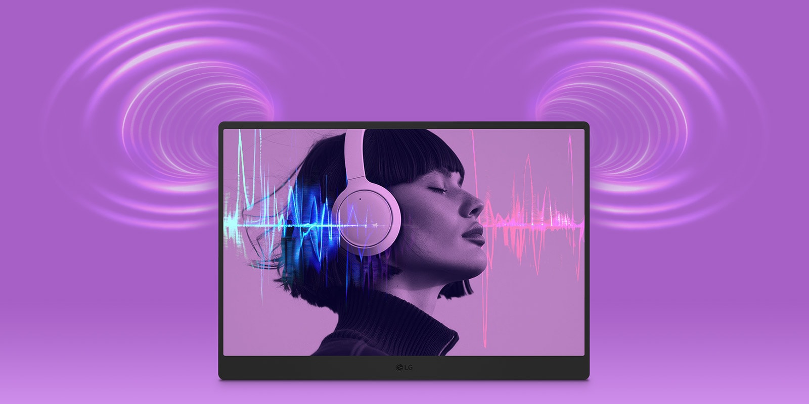 LG gram +view's screen displays an image of a woman wearing headphones along with sound waves. Other sound waves are present at the top corners of LG gram +view.	