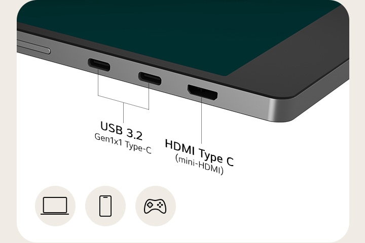 LG gram +view offers two USB Type-C(USB 3.2) ports and a mini HDMI(HDMI Type C) port compatible with various devices for a smooth display. On the left side of the image, there are icons of a laptop, a smartphone, and a gaming console.	