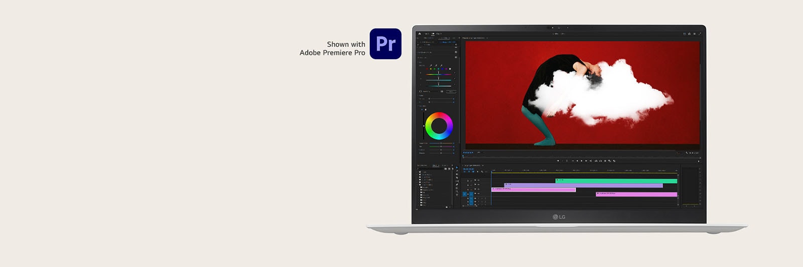 Process heavyweight work like footage editing and 3D design without lagging - Shown with Adobe Premiere Pro.	