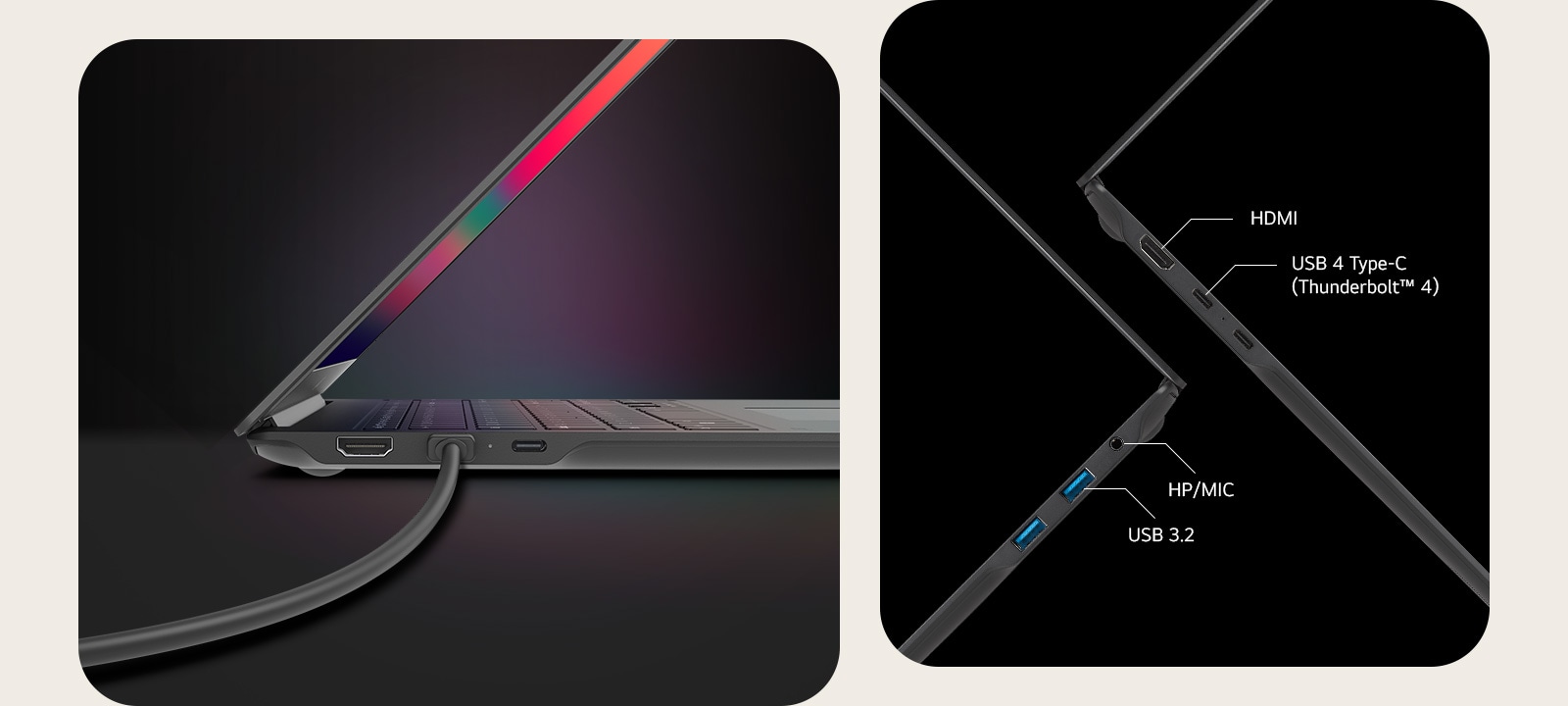 HDMI, USB 4 Type-C (Thunderbolt™ 4), HP/MIC, USB 3.2.	