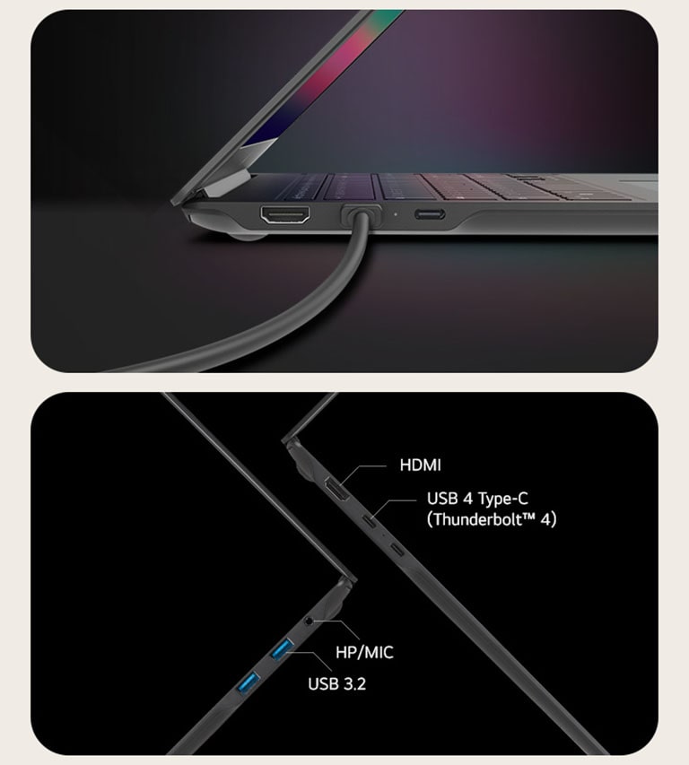 HDMI, USB 4 Type-C (Thunderbolt™ 4), HP/MIC, USB 3.2.	