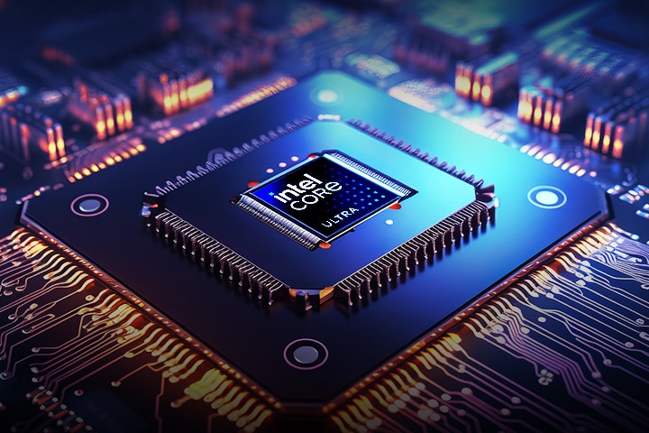 A close-up of an Intel Core Ultra processor embedded in a high-tech circuit board. The chip is surrounded by intricate circuitry with glowing orange and blue lights, creating a futuristic and high-performance aesthetic.	