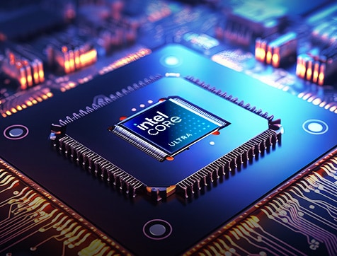 A close-up of an Intel Core Ultra processor embedded in a high-tech circuit board. The chip is surrounded by intricate circuitry with glowing orange and blue lights, creating a futuristic and high-performance aesthetic.	