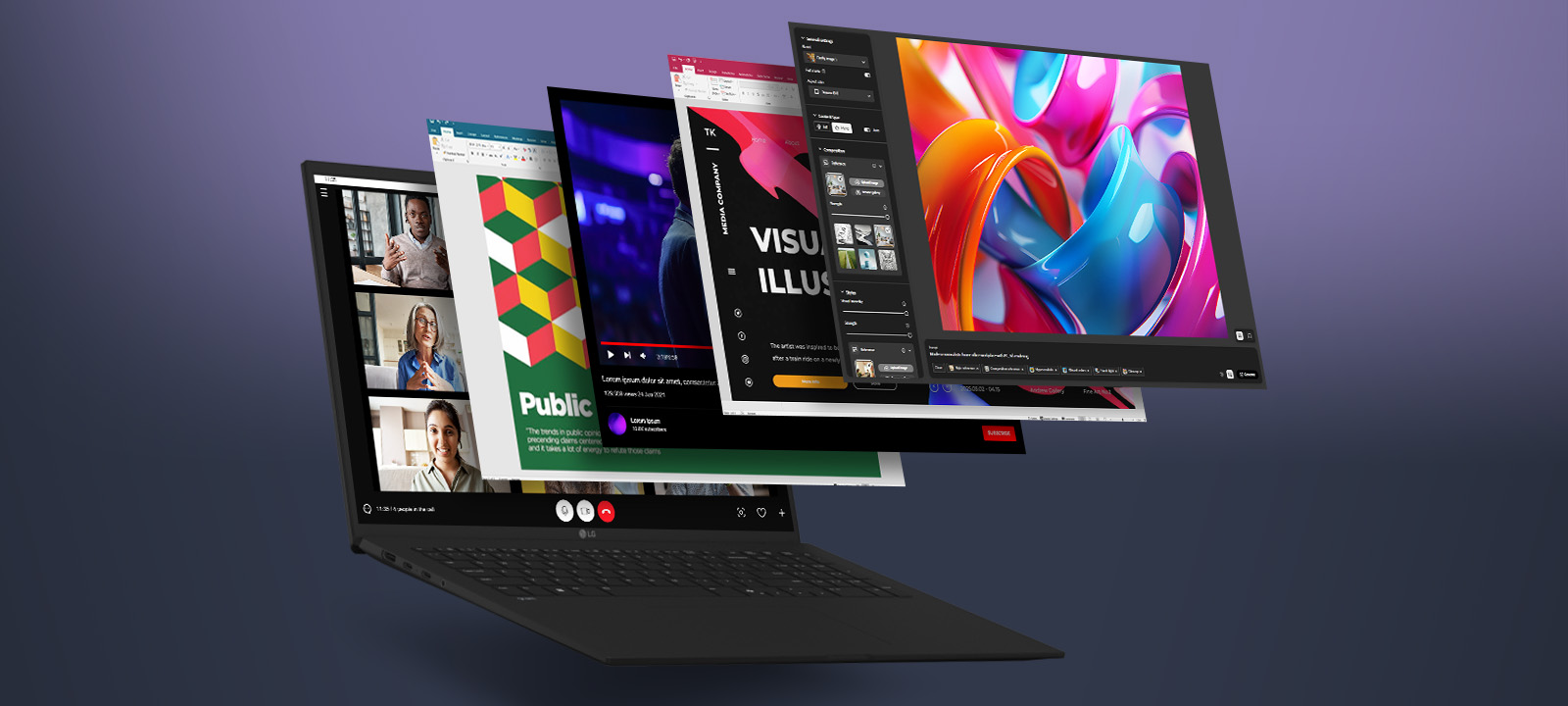 The image features a laptop with multiple application windows floating outward, showcasing its multitasking capabilities. The apps displayed range from video editing to presentations, emphasizing the laptop's performance for diverse tasks.