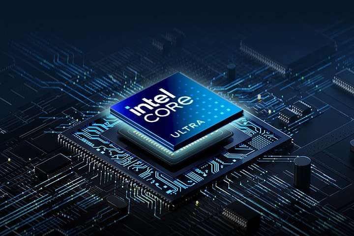 A close-up of an Intel Core Ultra processor embedded in a high-tech circuit board. The chip is surrounded by intricate circuitry with glowing  blue lights, creating a futuristic and high-performance aesthetic.	