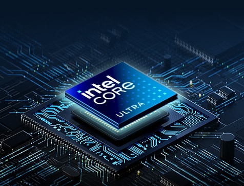 A close-up of an Intel Core Ultra processor embedded in a high-tech circuit board. The chip is surrounded by intricate circuitry with glowing  blue lights, creating a futuristic and high-performance aesthetic.	
