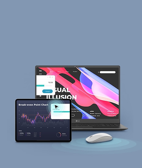 A gray laptop and a tablet side by side, both showing a "Break-even Point Chart" with a line graph in vibrant colors against a dark background. A wireless mouse is placed next to the laptop.	