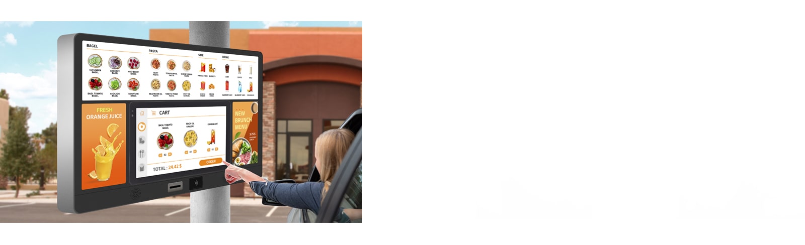 22XF1TJ is installed as a touch kiosk for drive-in ordering. A woman is touching a kiosk to select a food from the menu.