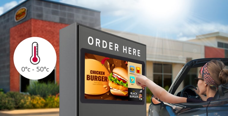 The 22XF1TJ is used as a drive-thru ordering touch kiosk. The display is working well in an environment of 0~50°C.