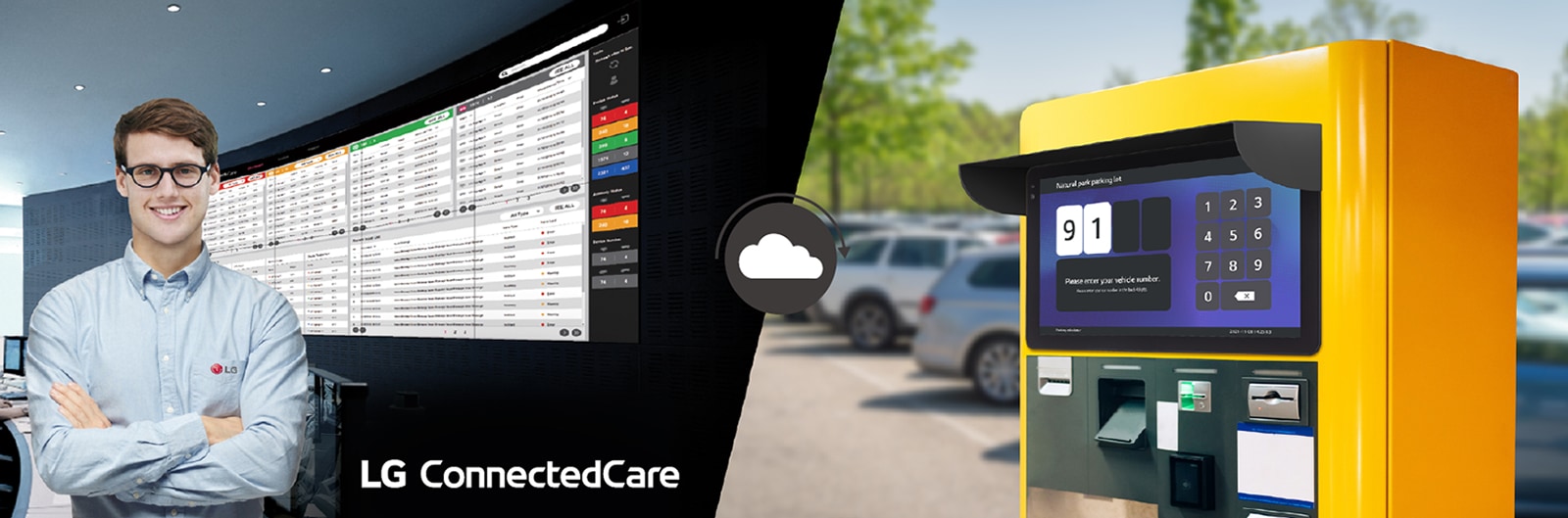 The LG employee is remotely monitoring the 22XF1TJ series installed in a different place by using cloud-based LG monitoring solution.