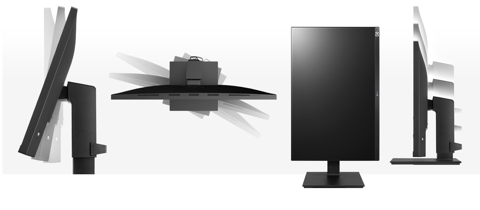 the monitor in the ergonomic design supporting tilt, swivel, pivot and height adjustment options.