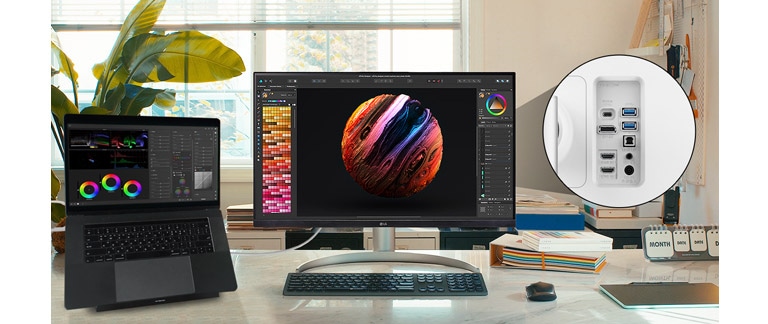 LG UltraFine™ is compatible with various types of devices by providing USB Type-C™, DisplayPort, HDMI port, and two USB ports.