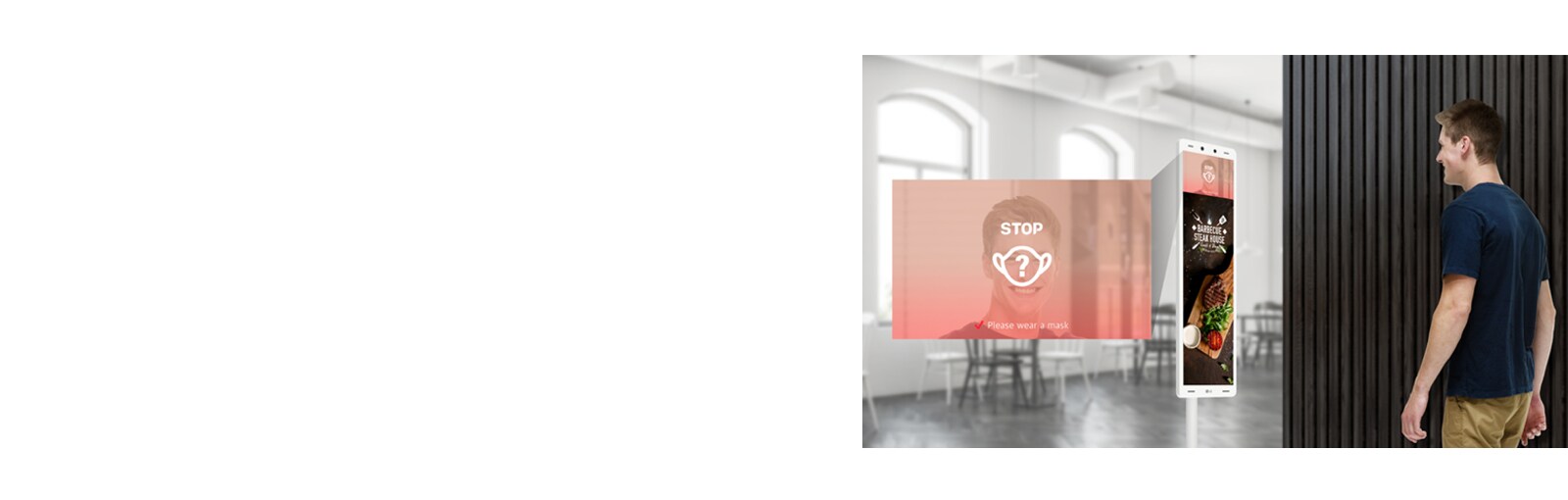 The alarm of LG Thermal Sensing Terminal is activated identifying the man without a mask in front of the entrance.