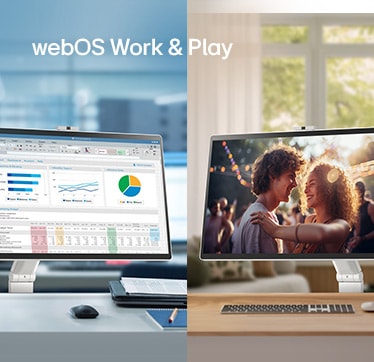 In the left image, a LG Smart Monitor Swing in an office displays various charts, while in the right image, a LG Smart Monitor Swing at home is playing a movie.	