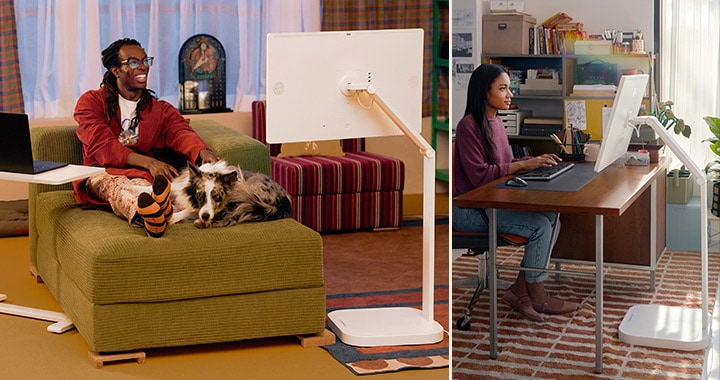 In the left image, a man is watching a LG Smart Monitor Swing with his dog, while in the right image, a woman is working on a LG Smart Monitor Swing.	