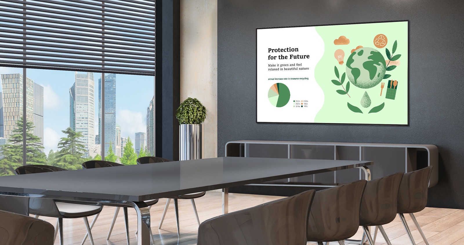 A screen showing the meeting’s contents is installed on the meeting room’s wall.