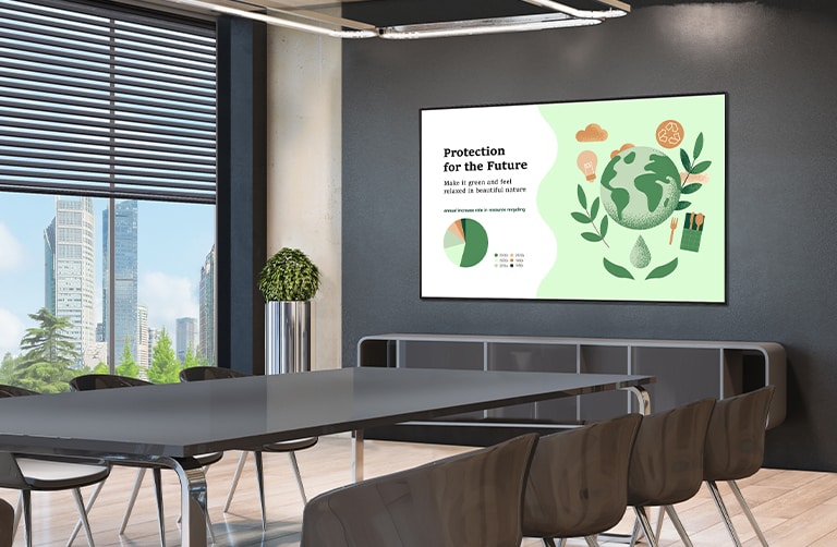 A screen showing the meeting’s contents is installed on the meeting room’s wall.