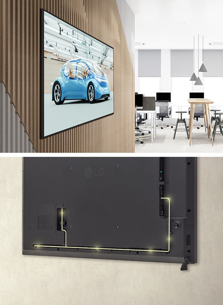 The UM5N-E with slim bezels is mounted close to the wall, showcasing a rear design that is optimized for space-saving with a simple cable management system.