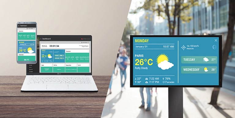 Users can monitor and control their displays through a mobile phone and laptop.