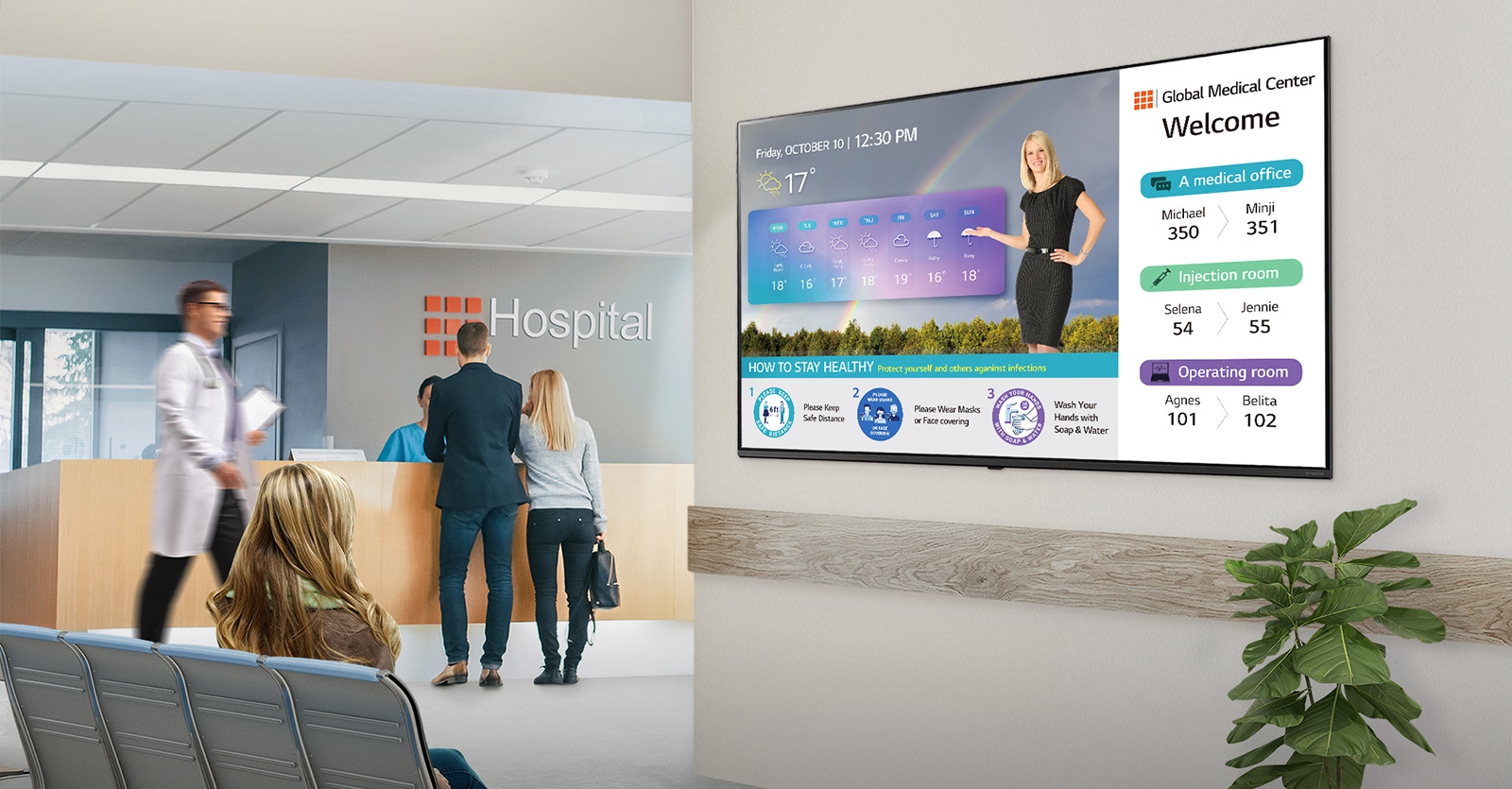 There is a TV set on the wall of the hospital lobby for waiting people.