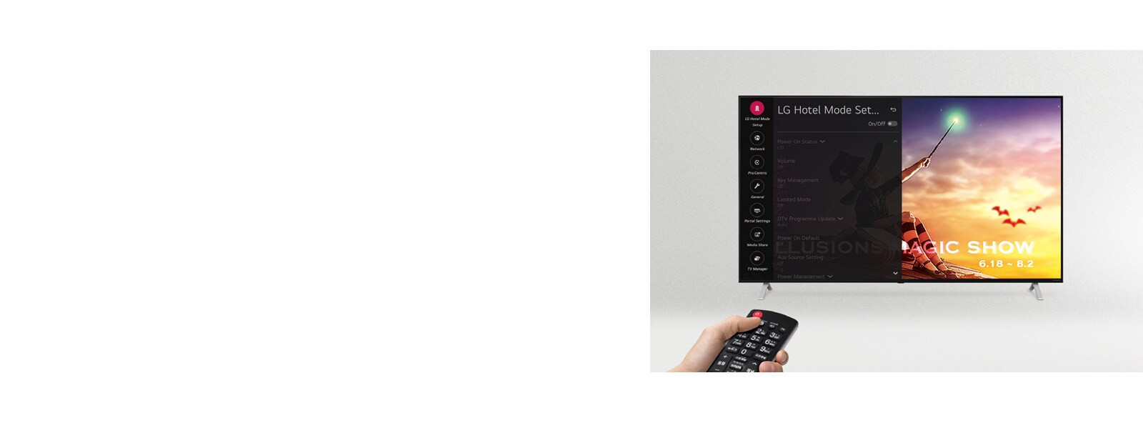 A person is controlling the TV settings with Hotel Mode.