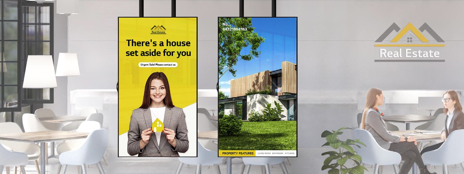 The real estate office has two displays installed inside the window. The XS4P model's low fan noise enables smooth communication and conversation even when sitting close to the display.